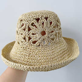 手工钩花编织草帽重工草编渔夫帽夏季遮阳盆帽出游海边沙滩帽卷边