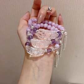 原创新品紫锂辉水晶手链搭配白水晶九尾狐牌水晶饰品
