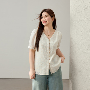 [Elegant, Gentle and Versatile Pure Cotton Skin-Friendly V Neck Shirt] Slim and Beautiful Plus Size Women's Clothing Fat mm 2025 Summer New Style