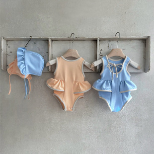 Korean New Kidsren's Swimsuit Girls One-Piece Long-Sleeved Sun Protection Swimsuit Kidsren 0-3 Years Old Baby Swimsuit Swimming Cap