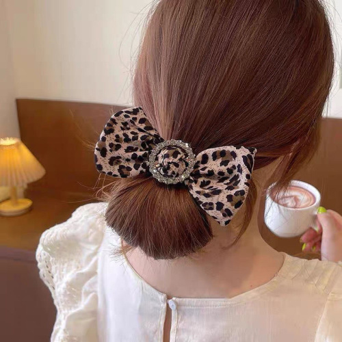 2pcs latin ballroom dance Leopard Bow Hair Tie Fashion Jewelry Hair Accessories Korean hair Rope Rhinestone Headdress back bun Hair Ring