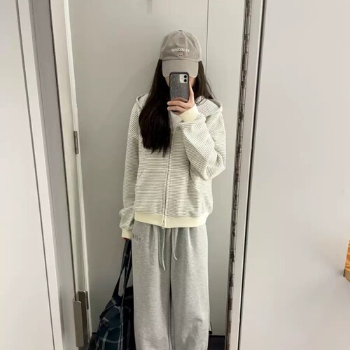 Korean-style padded striped hooded sweatshirt jacket for women, 2025 new arrival loose long-sleeved top for autumn and winter