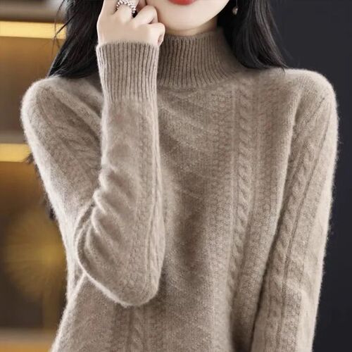 Autumn and winter new semi-high-neck knitted sweater for women's loose long-sleeved shirt with thick and warm solid color based shirt with all-match matching