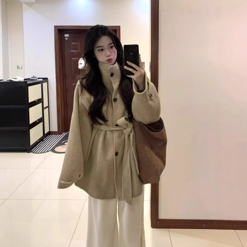 驼色呢子大衣女款2025新款秋冬高级感宽松小个子早春立领毛呢外套|undefined