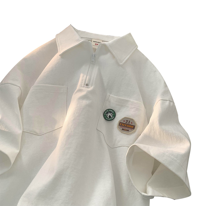 Camisa de polo de solapa con media cremallera marca de moda de verano para hombres Camiseta de manga corta ins moda Suelta todo fósforo estilo Hong Kong ropa de trabajo superior