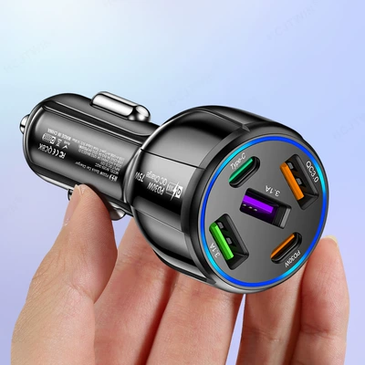 Five-In-One Dual-Line Car Charger 75W Fast Charging One to Five 3Usb+2Pd Car Mobile Phone Charger (Mobil şarj cihazları) - 359-3usb-2pd-black