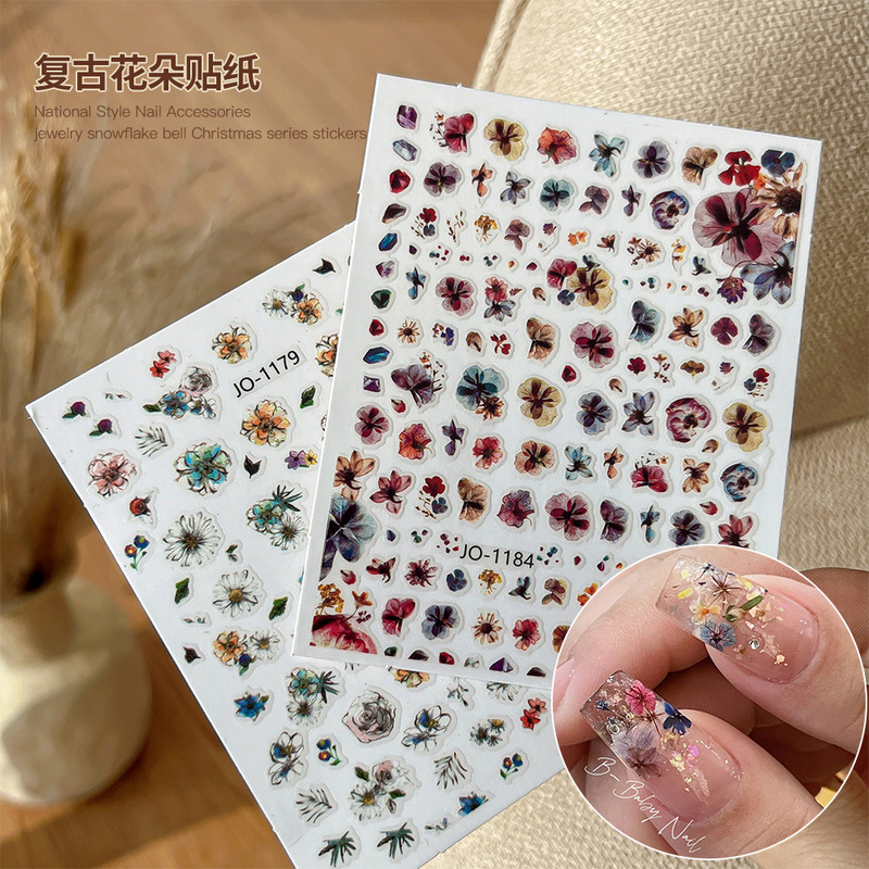 Vintage flower nail stickers ultra-thin Japanese flower simulation dried flower Daisy painted nail accessories decals wholesale Vintage flower nail stickers ultra-thin Japanese flower simulation dried flower Daisy painted nail accessories decals wholesale