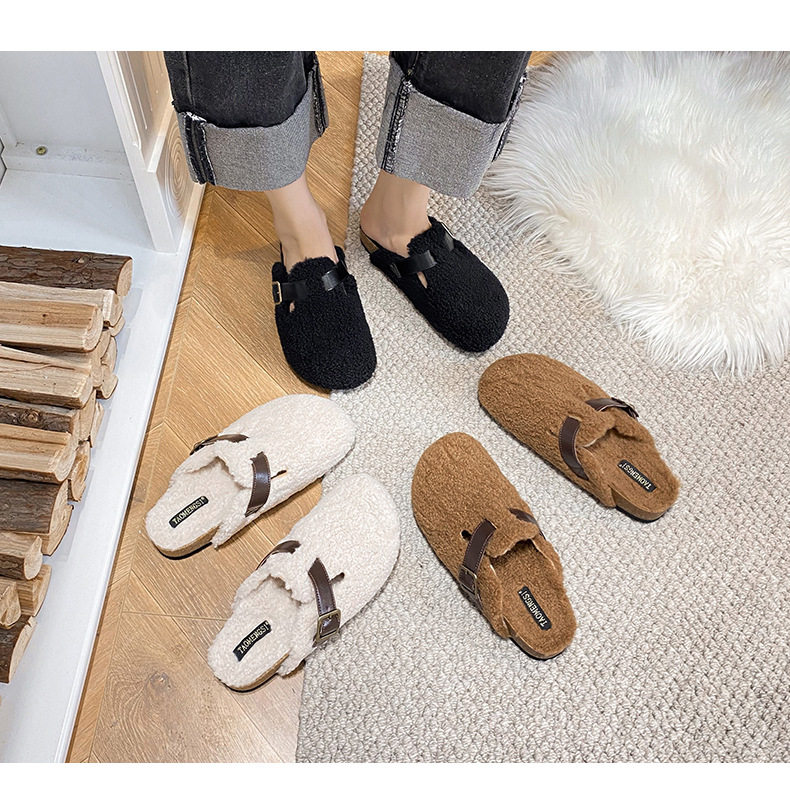 Dép nửa gót bít mũi lông xù kiểu Birkenstock cổ điển cho nữ, mũi tròn — Màu nâu, Màu trắng sữa, Màu đen chi tiết 28