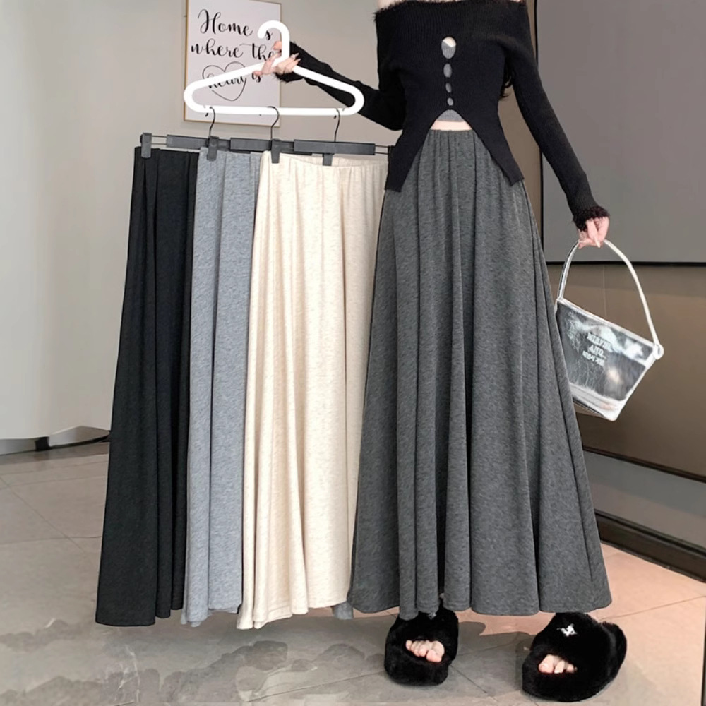 2025 Elastic Waist Casual Skirt for Women, Slimming, Versatile, Body-Covering, A-Line, Gray, Drapey Long Skirt with Three-Dimensional Decoration