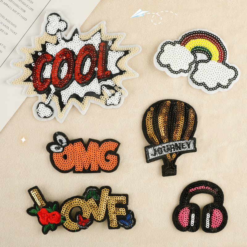 电脑绣花PET珠片绣字母徽章服装辅料补丁贴箱包配饰亮片刺绣布贴