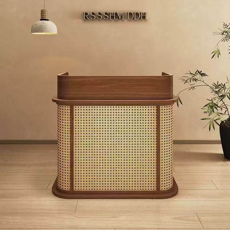 Front Desk Reception Counter with a Light Luxury and High-End Feel for Hotels, Restaurants, Bars, Cash Registers, and Small Shop Rattan-Woven Counters