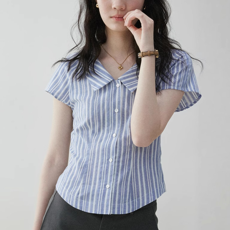 Mustard Pie Vooe French Contrast Color Striped Waist Slimming Shirt for Women, New Summer Turn-Down Collar Artistic Top