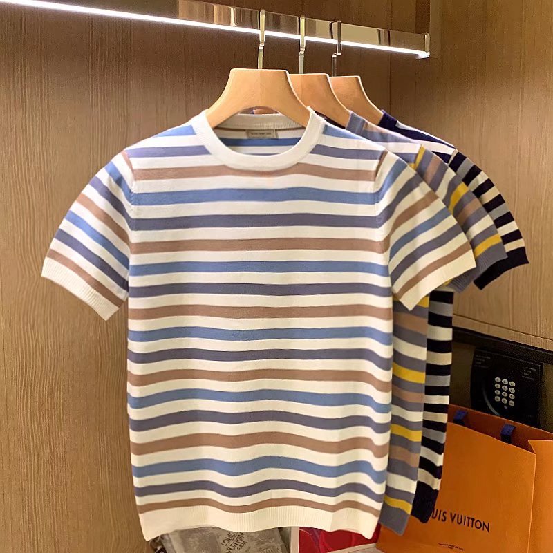 South Korea Simple Contrast Color Striped Sweater T-shirt Summer Classic College Style Small Fresh Casual Short-sleeved T-shirt for Men