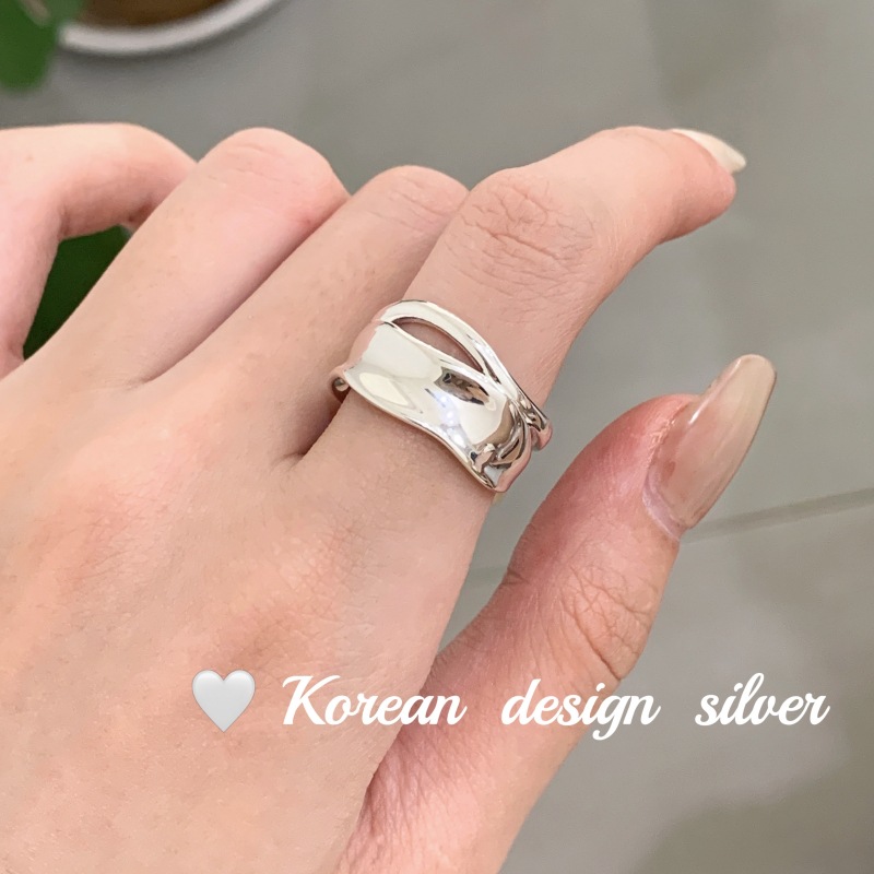 韓國ins風飾品 925純銀指環 不規則亮銀加厚光面戒指開口疊戴女