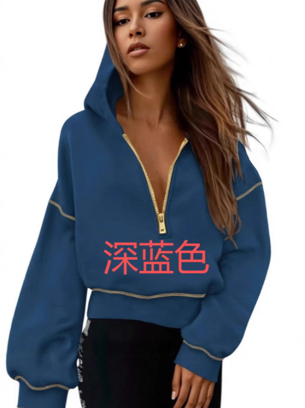 2025亚马逊新款女士连帽运动衫长袖半拉链短款卫衣女时尚休闲秋冬|undefined