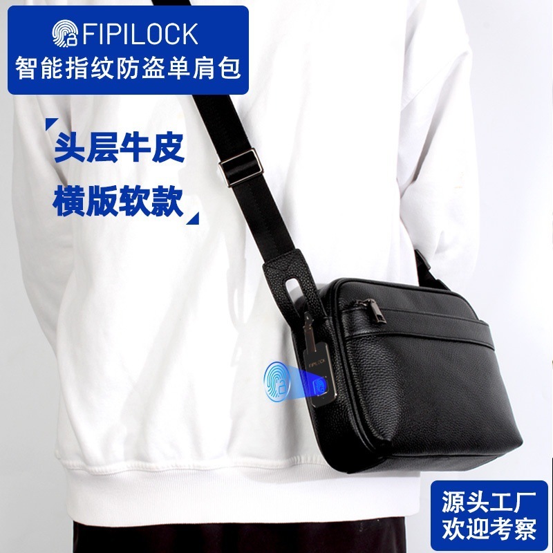 Fipilock Fingerprint Lock Crossbody Bag High-End Genuine Leather Men's Travel Backpack Cross-Border Large Capacity Casual Men's Bag