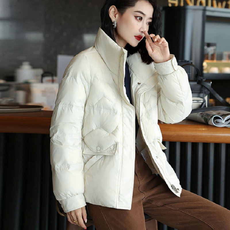 羽绒服女韩版短款冬季2023新款立领波浪纹面包服时尚宽松时尚外套