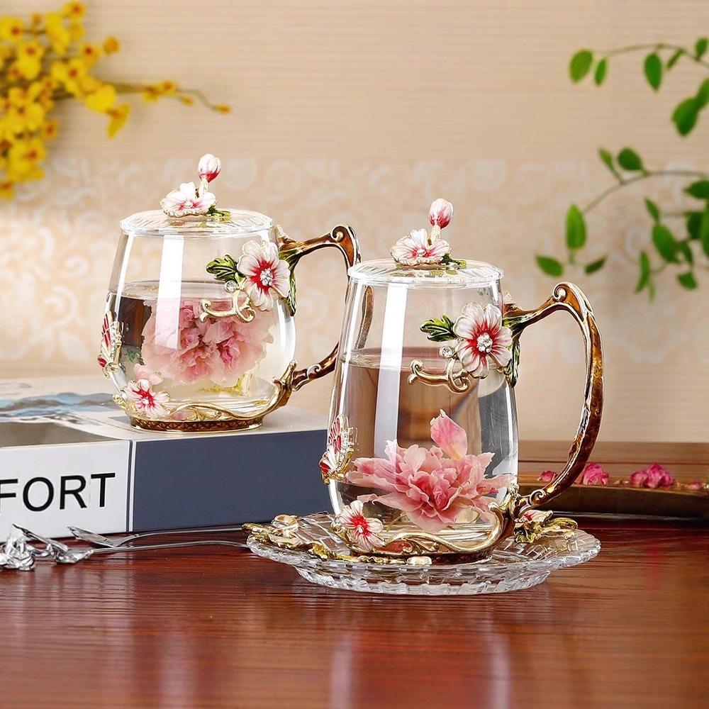 新款蝴蝶菊珐琅彩玻璃杯高端女士高颜值花茶杯高档办公室水杯批发