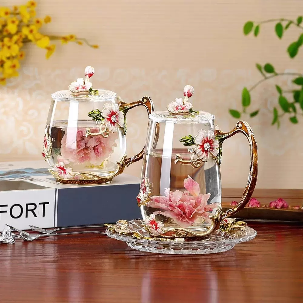 新款蝴蝶菊珐琅彩玻璃杯高端女士高颜值花茶杯高档办公室水杯批发