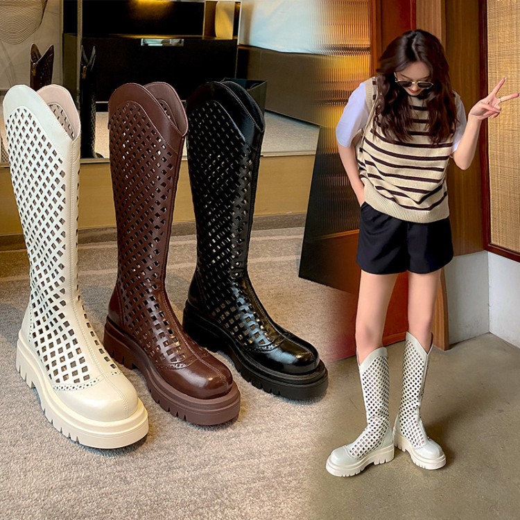 Boot nữ da bò đế dày cổ cao ống lưới — Màu nâu ống lớn, Màu đen cổ ống lớn, Ống nhỏ màu đen, Chu vi ống lớn màu trắng Be