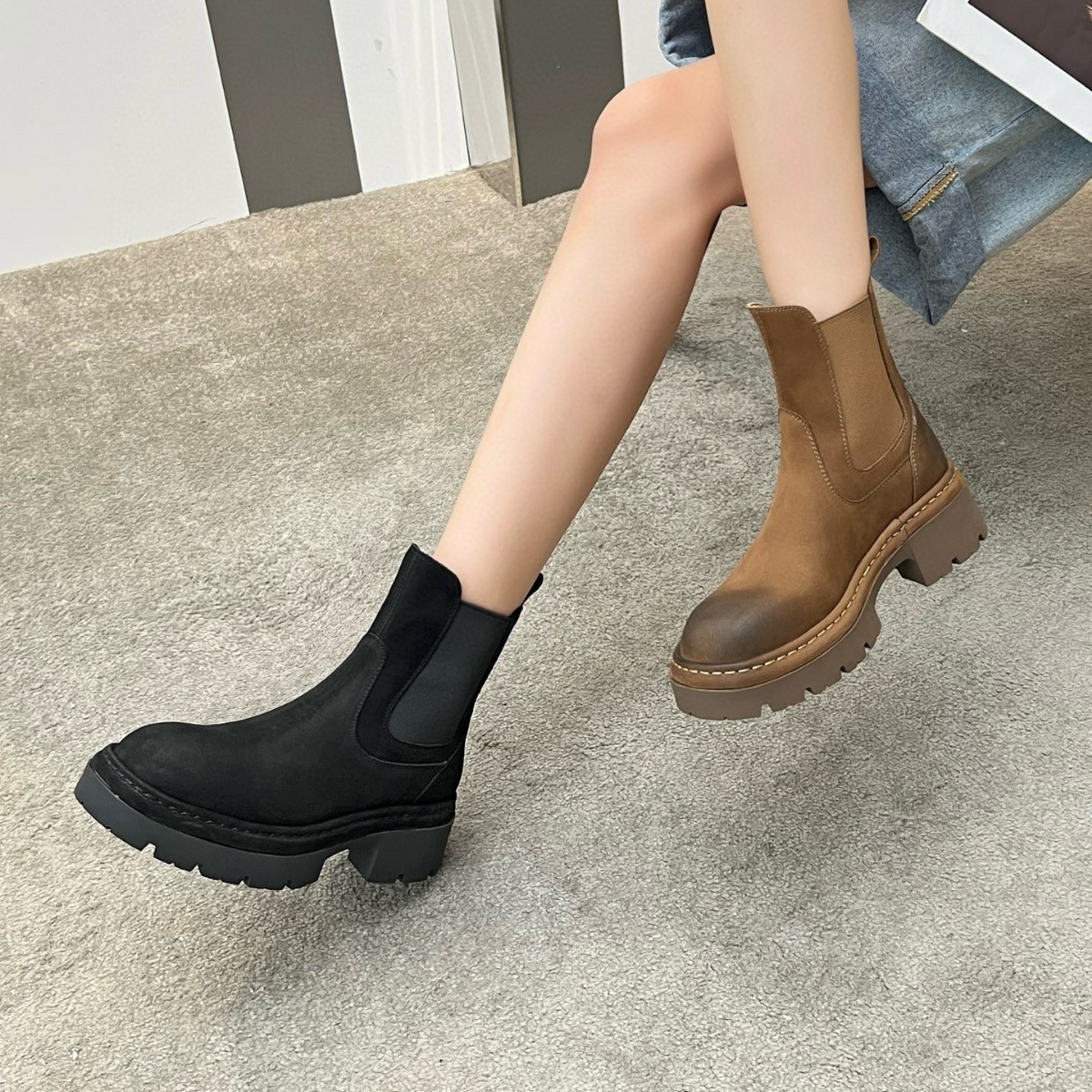 Boot nữ da bò cổ thấp đế xuồng dày khóa kéo bên — Màu đen, Màu Kaki