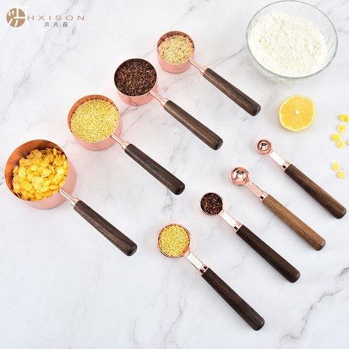 Cross-border stainless steel copper-plated measuring cup measuring spoon 8-piece set walnut handle rose gold 4-piece measuring cup measuring spoon Amazon