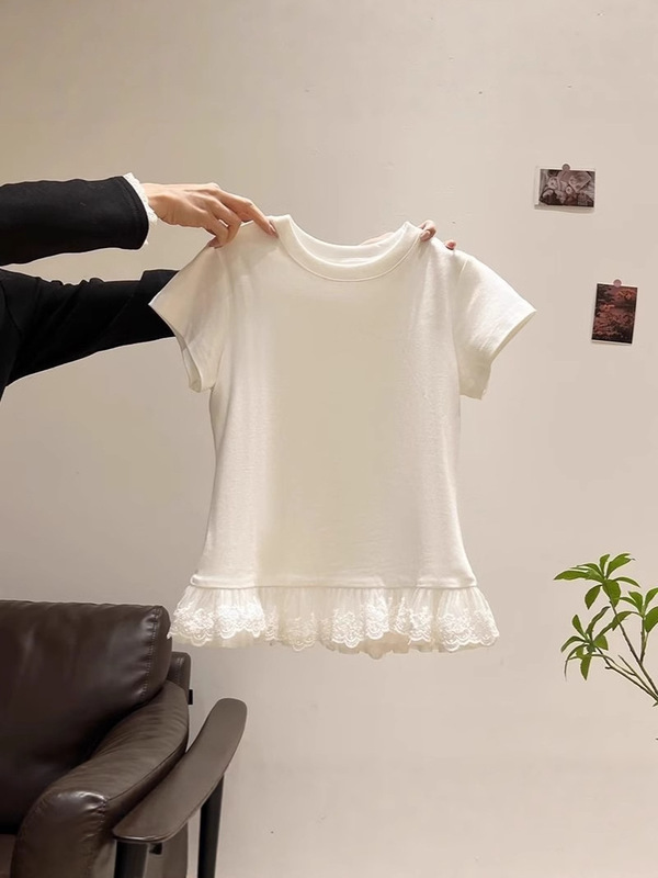 Foreign Trade Cheap Lace Splicing Ballet Style White Lace Short-Sleeved Women's T-Shirt Tops Summer Pure Desire Bottoming Shirt