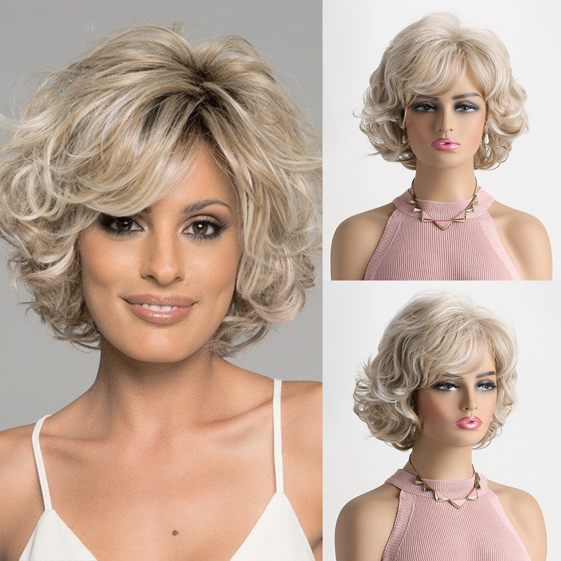 Cross-Border Foreign Trade Aliexpress Popular European and American Wigs for Women with Oblique Bangs, Short Curly Hair, Chemical Fiber Full Headgear with Big Waves