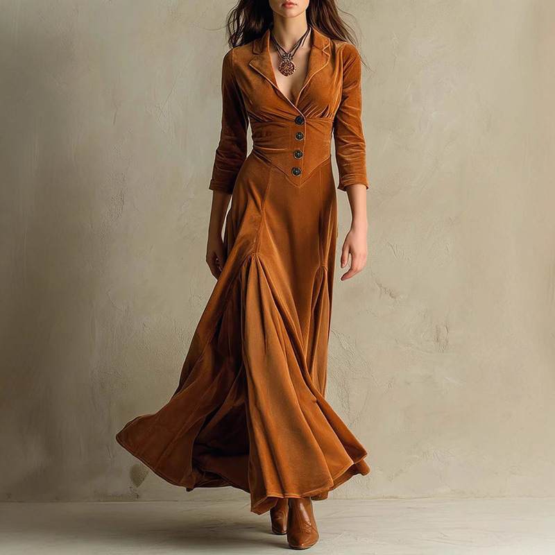2025 European and American Women's Clothing Amazon Ins Pure Color Button Lapel Three-Quarter Sleeve Long Skirt Dress Waist Swing Skirt