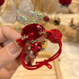 新年红色皮筋女扎头发绳头发圈水钻兔子头饰头绳过年丸子头发饰