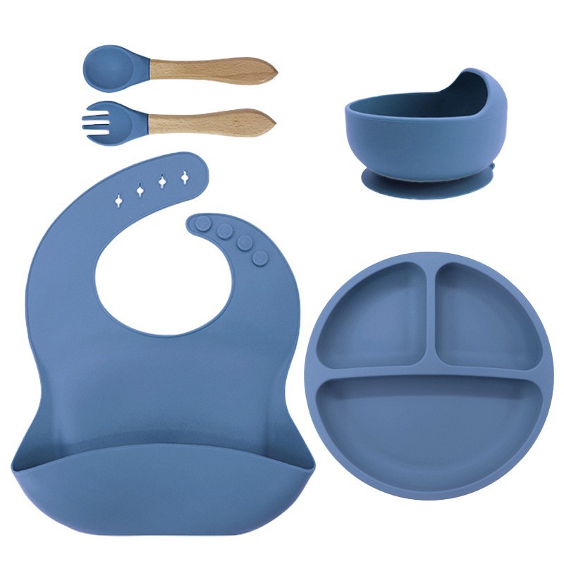 115g 턱받이 + 작은 흡입 컵 + 그릇 + 나무 포크와 스푼 진한 파란색