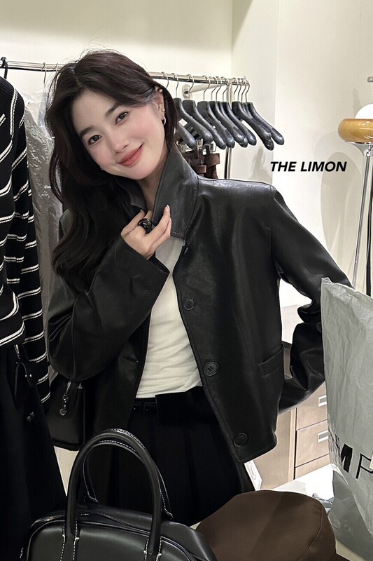 the limon柠檬绿茶2025秋季新款黑色翻领机车服皮夹克外套女皮衣|undefined