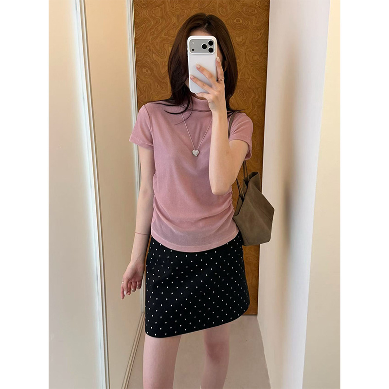 Allo early autumn inner layering top: velvet half-turtleneck, pleated short-sleeve T-shirt, 2026 new style, 32562 Allo early autumn inner layering top: velvet half-turtleneck, pleated short-sleeve T-shirt, 2026 new style, 32562