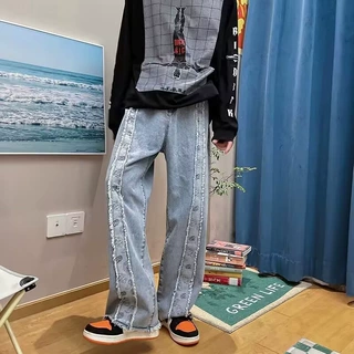 美式复古竖条拼接流苏毛边直筒牛仔裤男高街设计感重工阔腿拖地裤