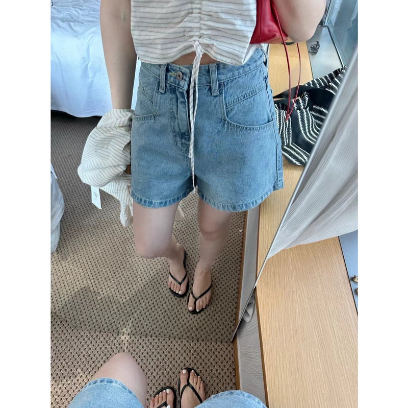 New 2026 Summer Style Korean Designer Pe*E Retro Age-Reducing Pocket Denim Shorts