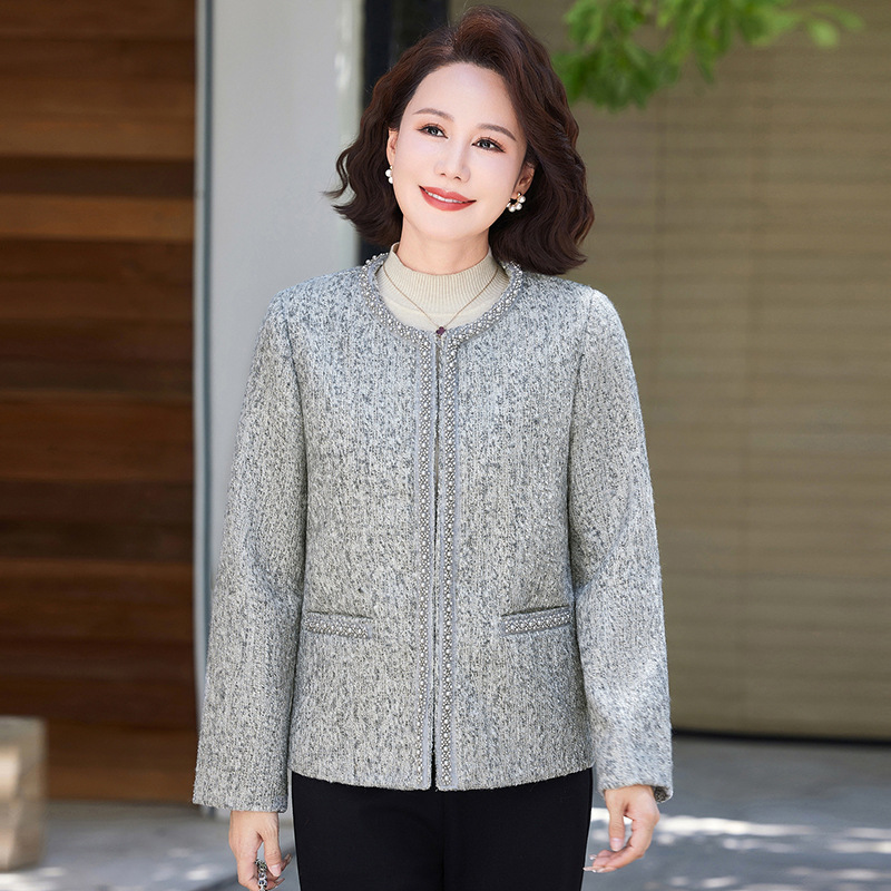 小香风2025春秋新款妈妈重工镶钻开衫圆领中老年女装气质毛呢外套|undefined