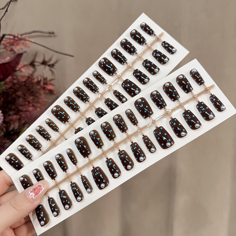 S420 - All Sizes Available, Pre-Made Thin Polka Dot Press-On Nails, Dark Brown Chocolate Pearl Removable Nail Pieces