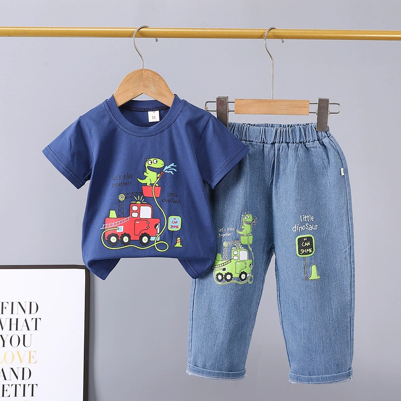 Летний детский denim комплект, мультяшные джинсы, с коротким рукавом, комплект из 2 предметов, 0-5 лет