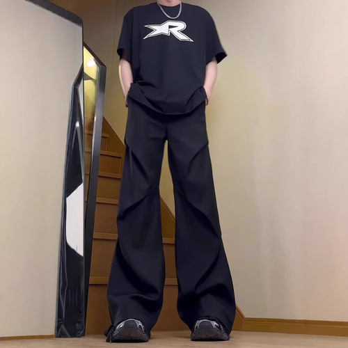 American High Street Pockets Folded Drape Plain Color Men's and Women's Casual Micro-Angle Minority High-end Cleanfit Casual Pants