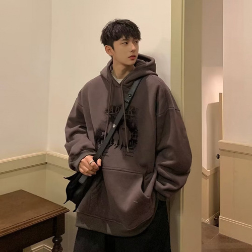 Men's 2024 American Style Hooded Padded Sweatshirt for Autumn/Winter, Loose and Casual, Streetwear, Youth, Plus Size