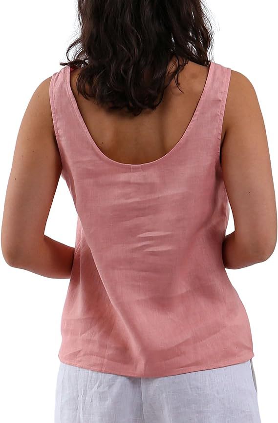 Women's Linen Vest Casual Summer Sleeveless Low round Neck Top_ecoleips.com