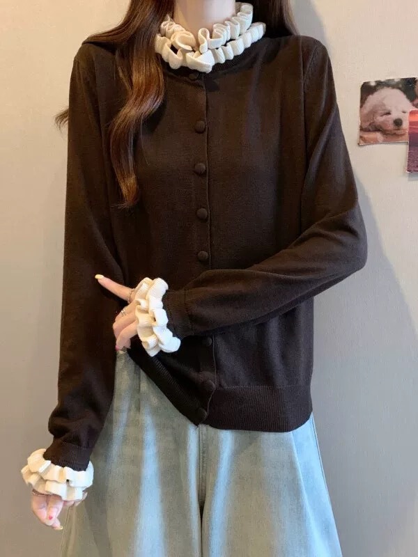 2025秋冬新款设计感木耳边半高领针织开衫女法式软糯显瘦毛衣外套|undefined