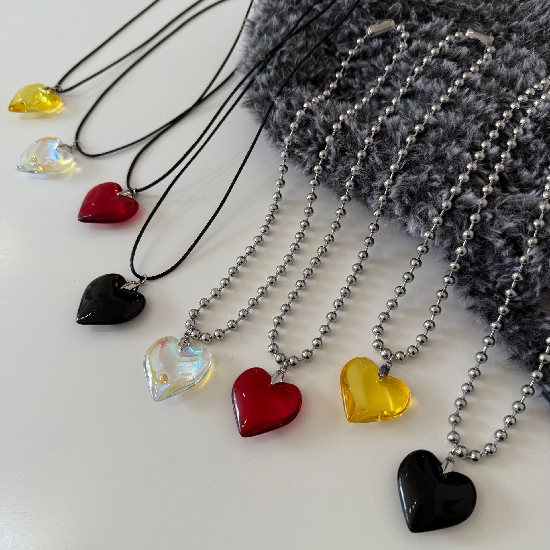 Sweet Cool Style Heart Shape Crystal Leather Rope Titanium Steel Ball Chain Cord String Pendant Necklaces Wholesale display picture 1