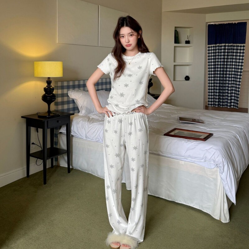 SKIMS women's summer pajamas, cloud cotton with rhinestones, sweet snowflake short-sleeve long pants, round neck, ruffled edge set