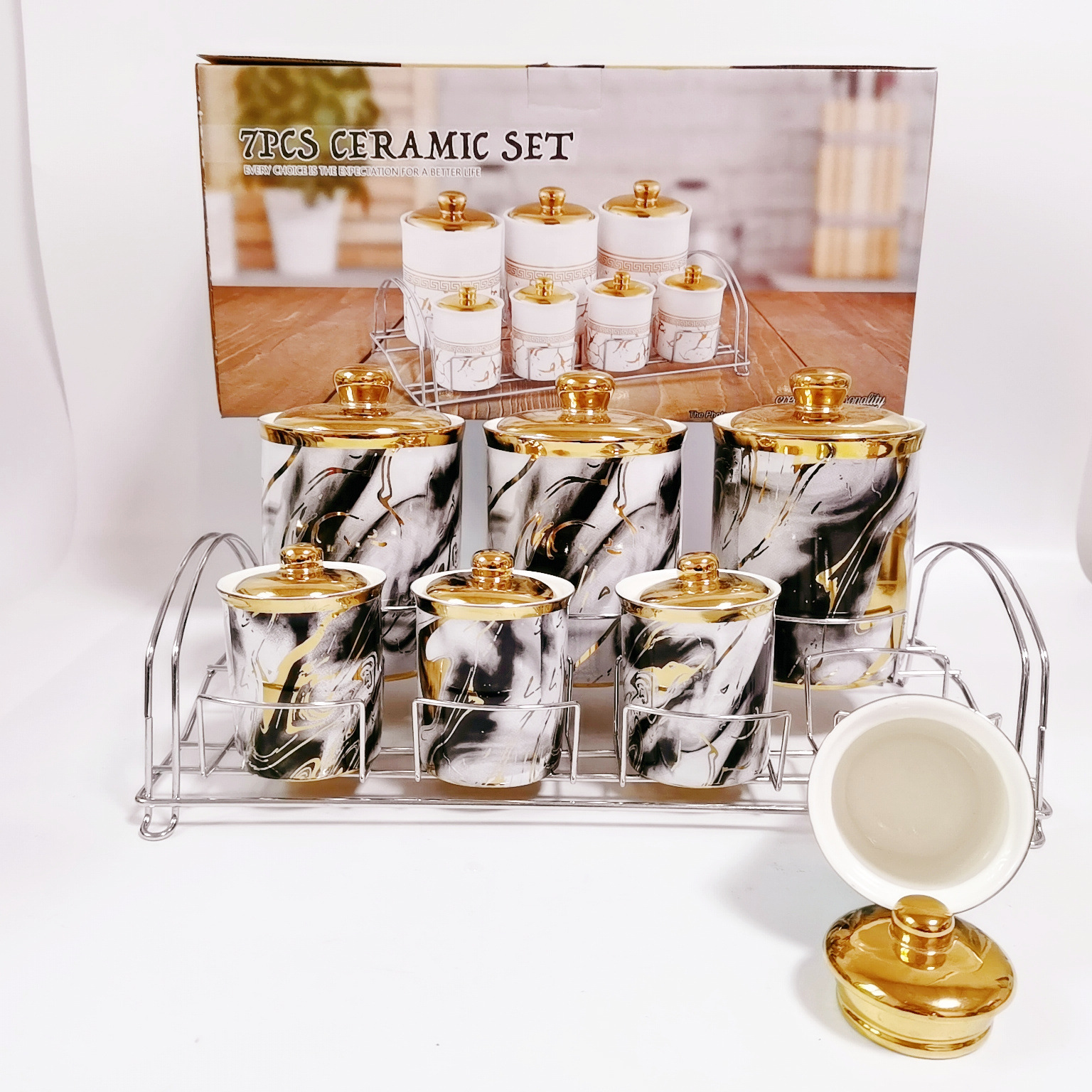 Cocina cerámica condimento tarro sellado con marco de hierro galvanoplastia calcomanías condimento tarro de café tarro de almacenamiento tarro traje