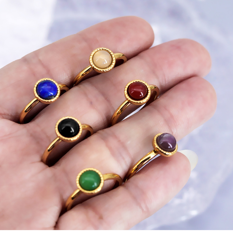 Titanium Steel 18K Gold Plated Casual Sweet Round Inlay Natural Stone Agate Rings display picture 2