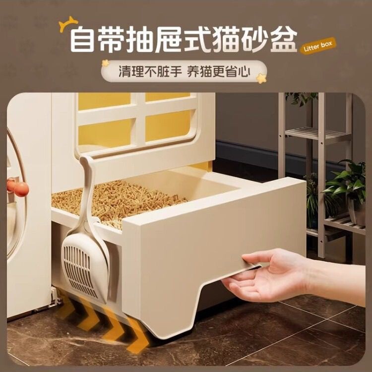 PP resin cat villa with extra-large free space, integrated cat cage and litter box, thickened and fully transparent cat enclosure and cat nest