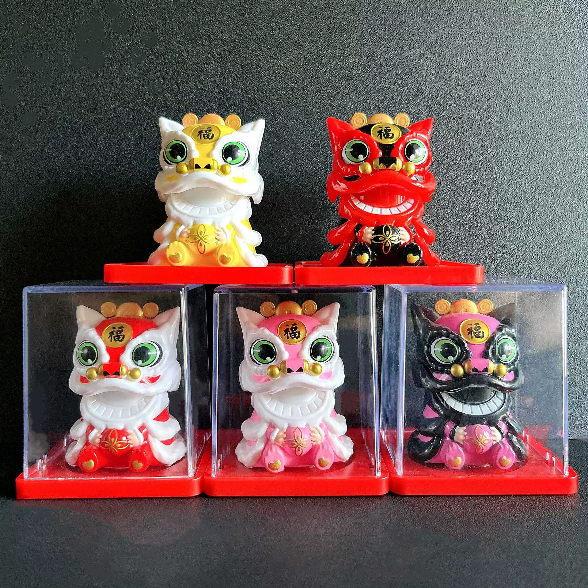 2寸太阳能醒狮点头摆件国潮舞狮前台车载中控台装饰招财用品盲盒