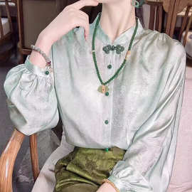 zhen丝绿色桑蚕丝上衣女2024早春新款复古提花盘扣新中式长袖衬衫