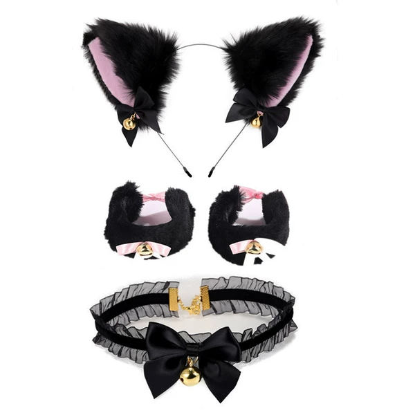 Black hair pink cat ears + a pair of bracelets + neck ring